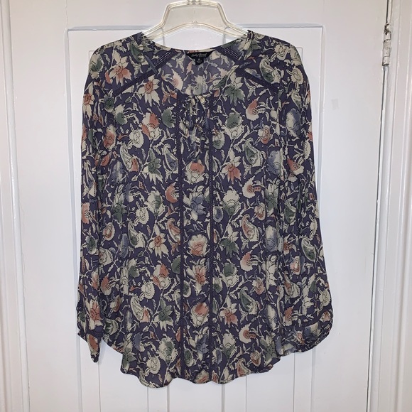 Lucky Brand Floral Crochet Insert Peasant Blouse - Picture 2 of 16